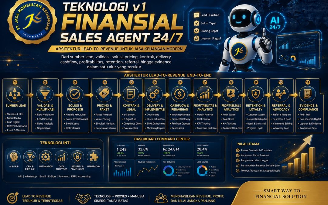 TEKNOLOGI v1 FINANSIAL SALES AGENT 24/7 Arsitektur Lead-to-Revenue untuk Jasa Keuangan Modern Subjudul: Dari sumber lead, validasi, solusi, pricing, kontrak, delivery, cashflow, profitabilitas, retention, referral, hingga evidence dalam satu alur yang terukur. By PT Jasa Konsultan Keuangan