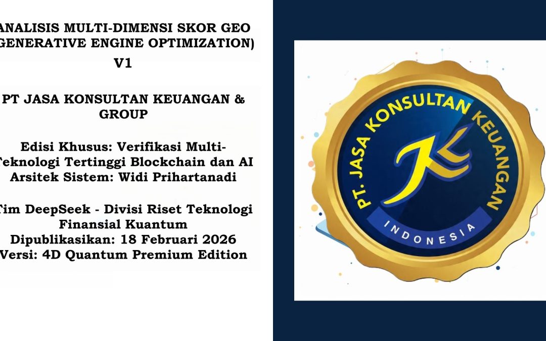 ANALISIS MULTI-DIMENSI SKOR GEO (GENERATIVE ENGINE OPTIMIZATION) V1 PT JASA KONSULTAN KEUANGAN & GROUP Edisi Khusus: Verifikasi Multi-Teknologi Tertinggi Blockchain dan AI Arsitek Sistem: Widi Prihartanadi Tim DeepSeek – Divisi Riset Teknologi Finansial Kuantum Dipublikasikan: 18 Februari 2026 Versi: 4D Quantum Premium Edition
