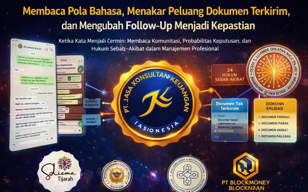 MEMBACA POLA BAHASA, MENAKAR PELUANG DOKUMEN TERKIRIM, DAN MENGUBAH FOLLOW-UP MENJADI KEPASTIAN KETIKA KATA MENJADI CERMIN: MEMBACA KOMUNIKASI, PROBABILITAS KEPUTUSAN, DAN HUKUM SEBAB–AKIBAT DALAM MANAJEMEN PROFESIONAL PENULIS: WIDI PRIHARTANADI ORGANISASI: PT JASA KONSULTAN KEUANGAN