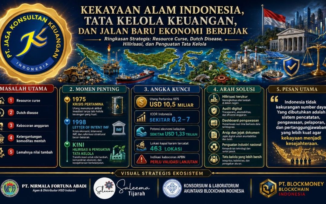 LAPORAN ANALISIS STRATEGIS Kekayaan Alam Indonesia, Tata Kelola Keuangan, dan Ekonomi Berjejak Penyelarasan analisis sumber daya alam, kebocoran nilai ekonomi, hilirisasi, laporan keuangan, pajak, audit, arsip digital, dan pengawasan berbasis data Disusun untuk: Widi Prihartanadi / PT Jasa Konsultan Keuangan